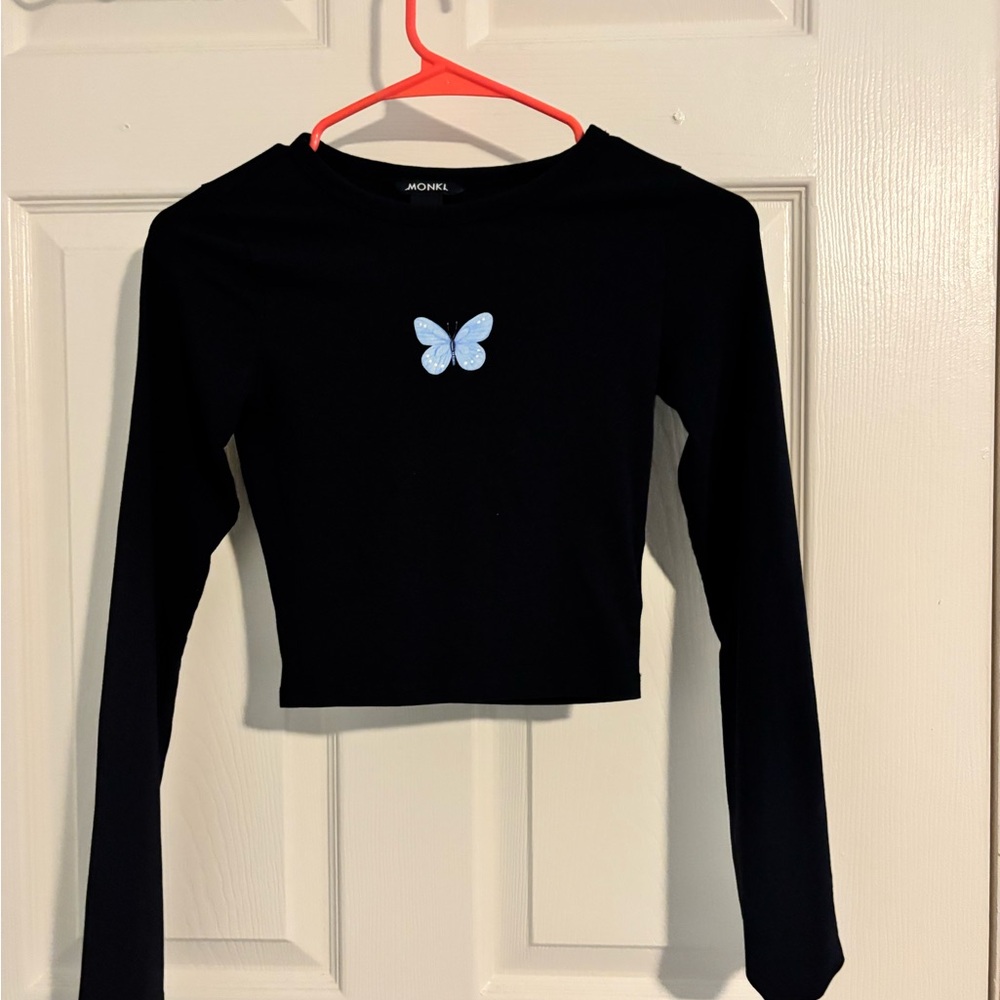 Black Long Sleeve Crop Top with Butterfly Design